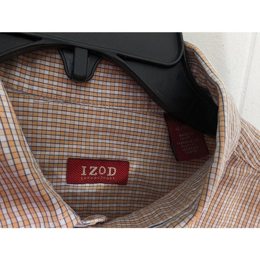 IZOD Button Down Shirt Big Mens XL Orange Black White Plaid Long Sleeve Pocket‎